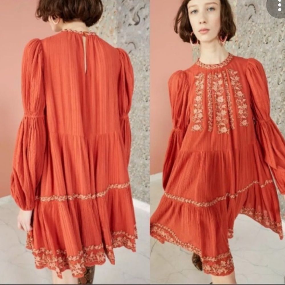 Ulla Johnson
Red/orange Sequin Floral Embroidered Crinkle Peasant dress